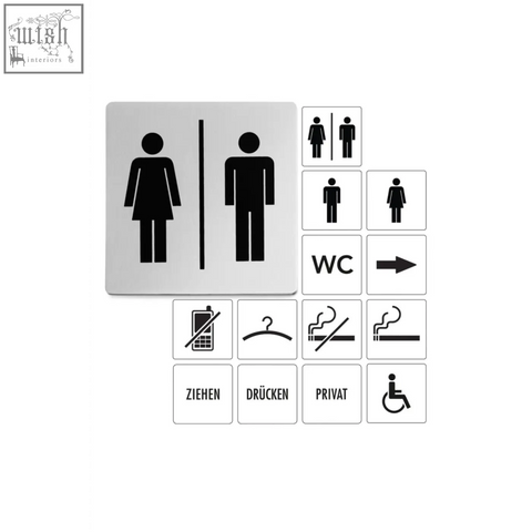 Silver brushed steel indici information sign with black unisex restroom icons for contemporary wayfinding use