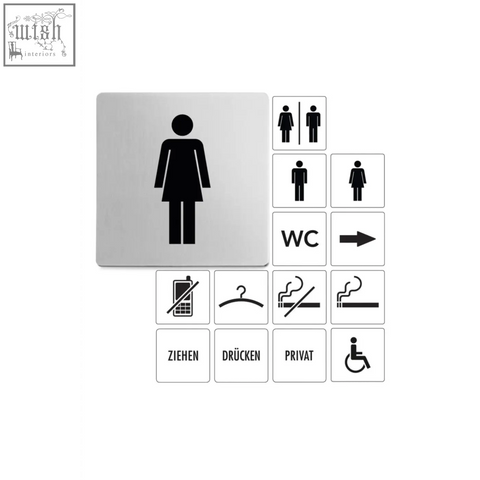 Silver metallic zack indici premium brushed steel women’s information sign with minimalist black silhouette design