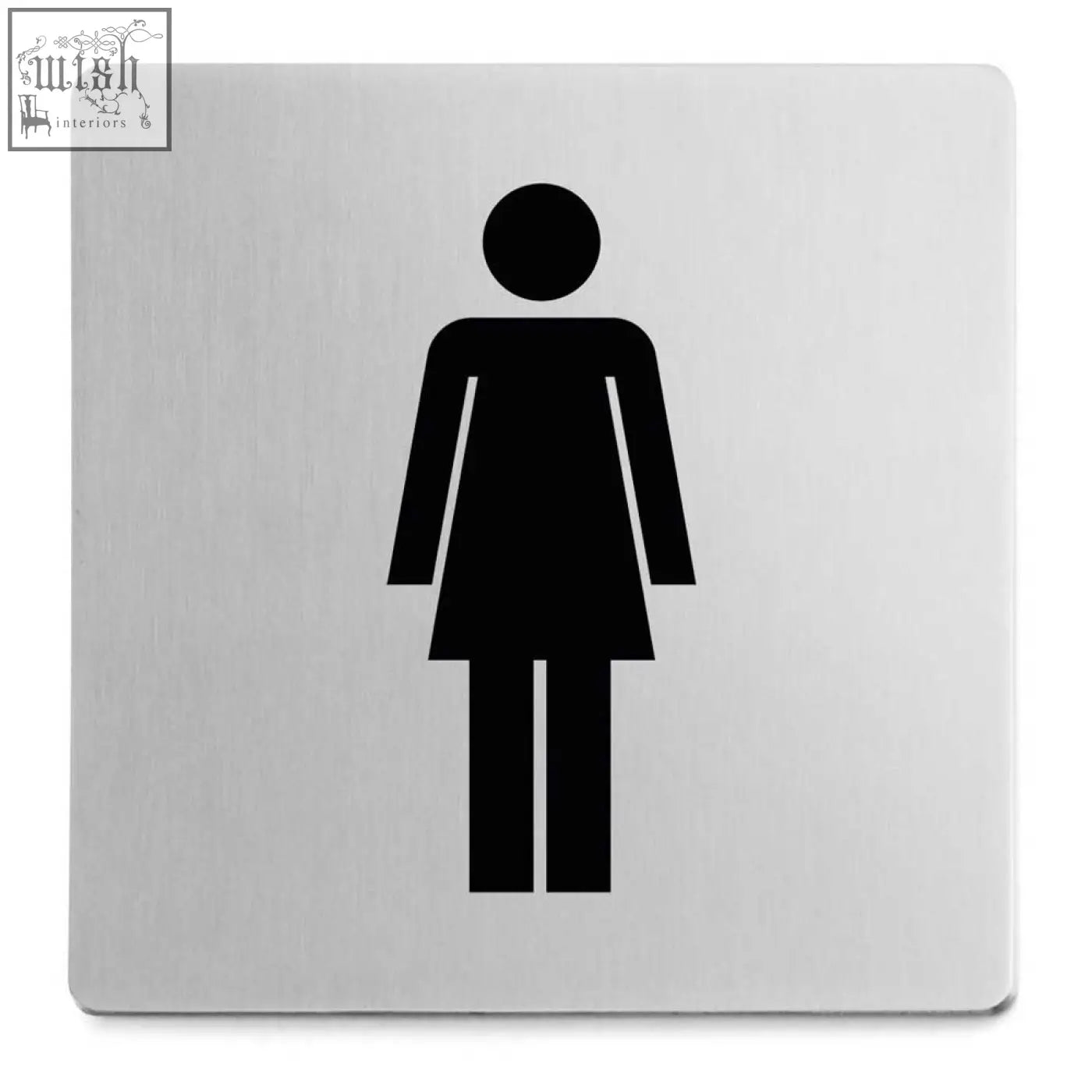 Silver metallic restroom information sign with black woman silhouette by zack indici premium brushed steel