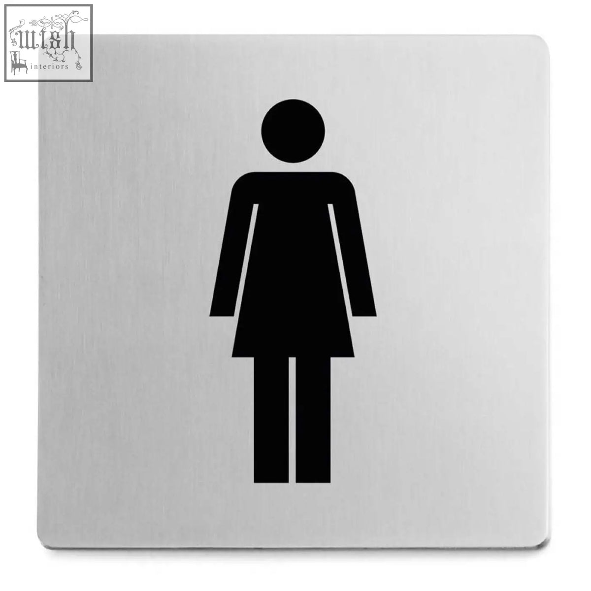 Silver metallic restroom information sign with black woman silhouette by zack indici premium brushed steel