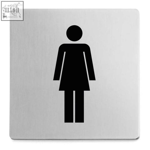 Silver metallic restroom information sign with black woman silhouette by zack indici premium brushed steel