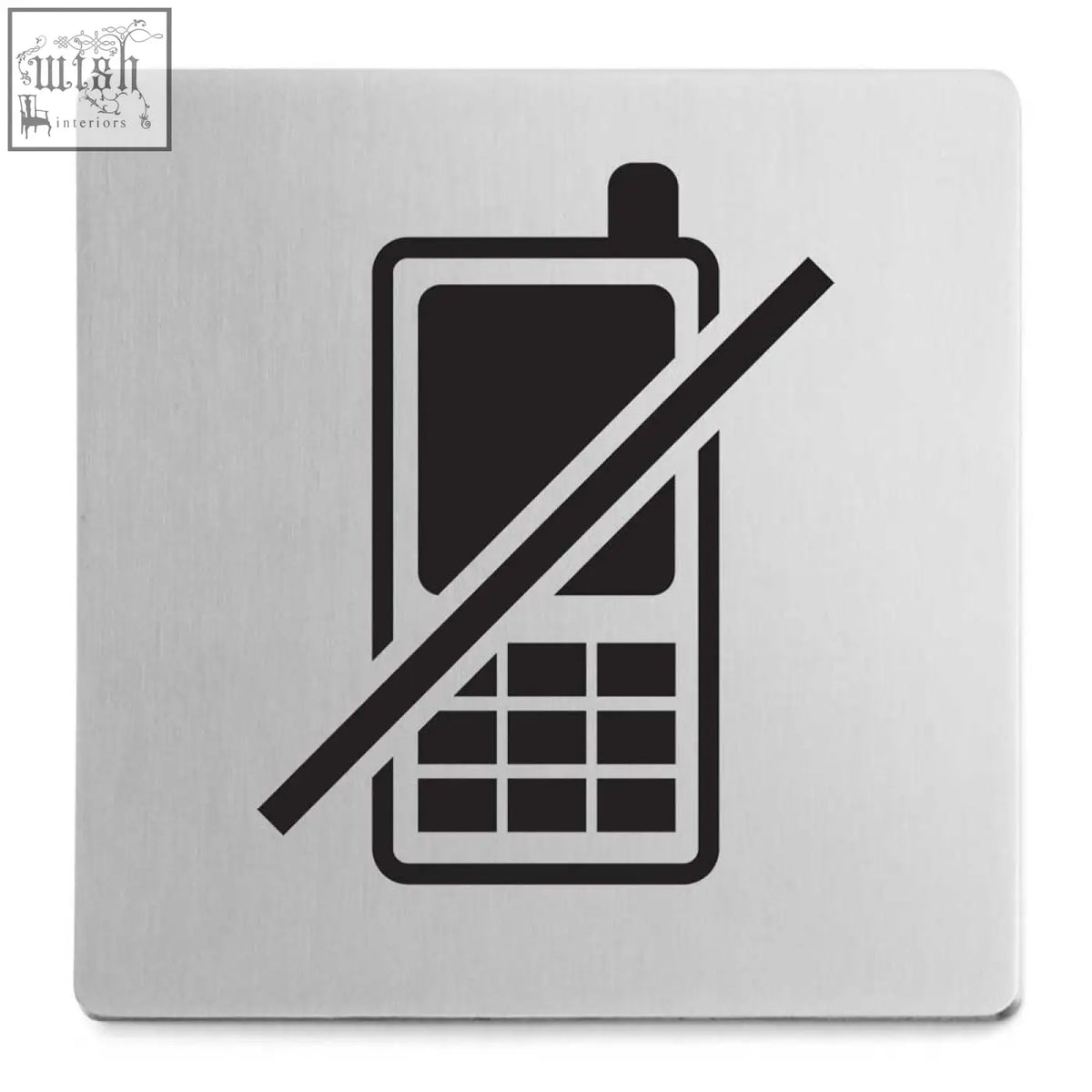 Silver metallic no mobile phones indici information sign featuring a black phone silhouette with a diagonal line