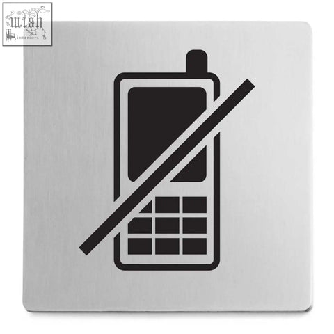 Silver metallic no mobile phones indici information sign featuring a black phone silhouette with a diagonal line
