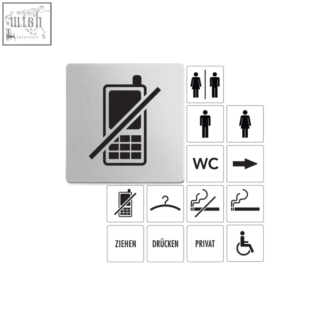 Silver metallic rectangular indici information sign with black no mobile phones symbol in brushed steel elegance