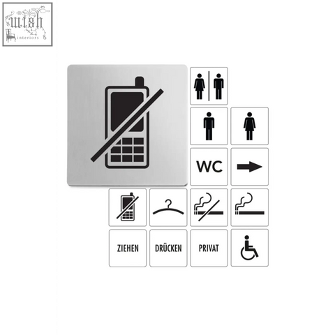 Silver metallic rectangular indici information sign with black no mobile phones symbol in brushed steel elegance