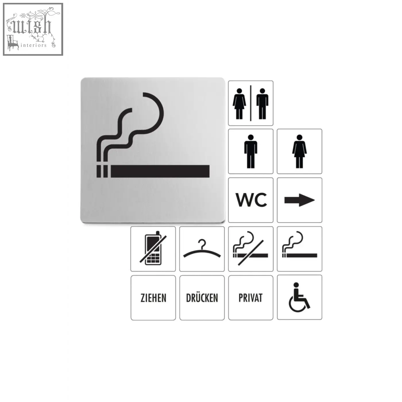 Silver metallic rectangular information sign with black cigarette silhouette on stainless steel indici information sign