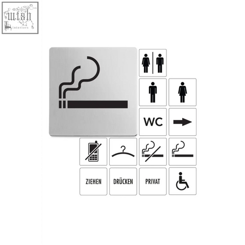 Silver metallic rectangular information sign with black cigarette silhouette on stainless steel indici information sign