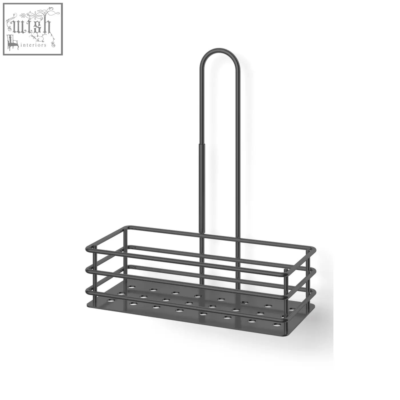 Black metal powder coated stainless steel shower basket with curved handle and perforated base iparo shower basket
