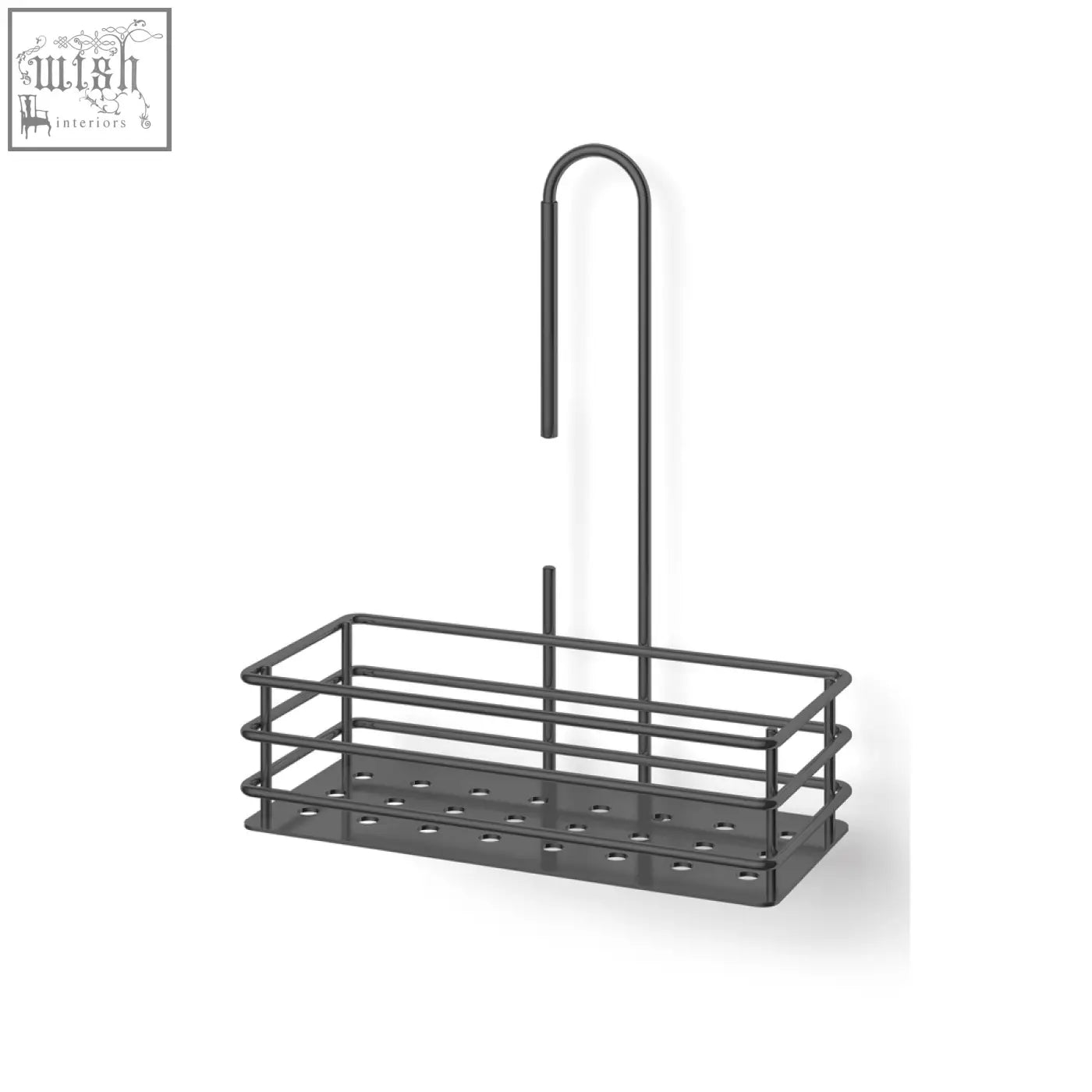 Black metal zack iparo shower basket with curved hanging hook and perforated base powder coated stainless steel