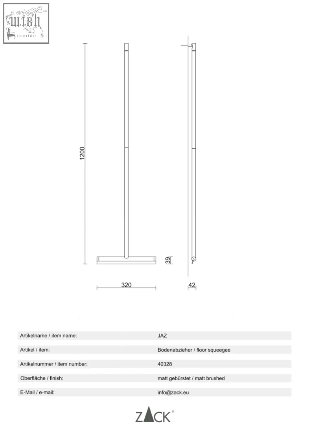Matte brushed stainless steel jaz floor squeegee with rectangular head and long handle for easy floor cleaning
