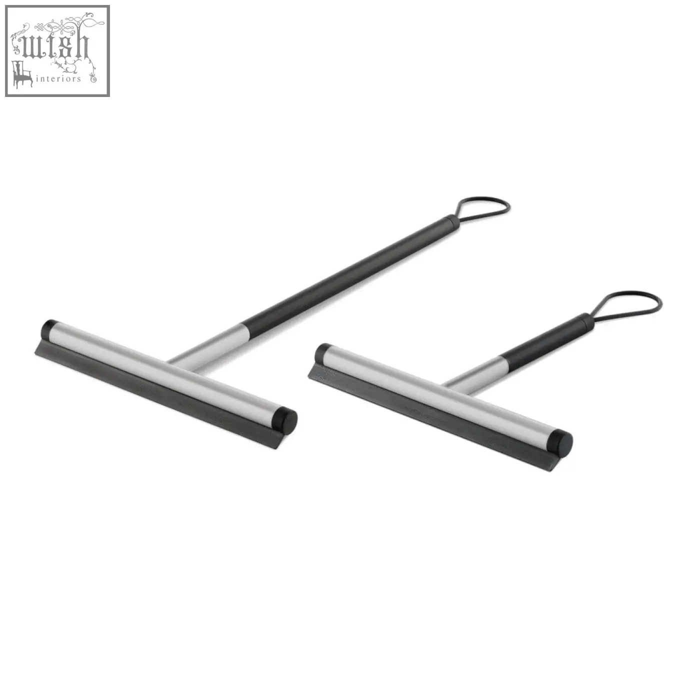 Two sleek jaz bathroom squeegees with black handles and stainless steel frames for bathroom cleaning