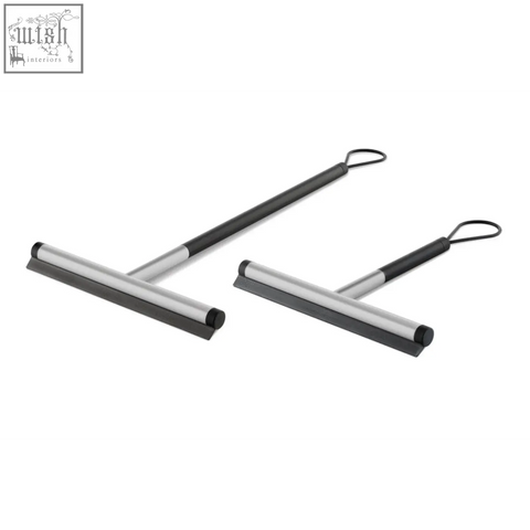 Two sleek jaz bathroom squeegees with black handles and stainless steel frames for bathroom cleaning