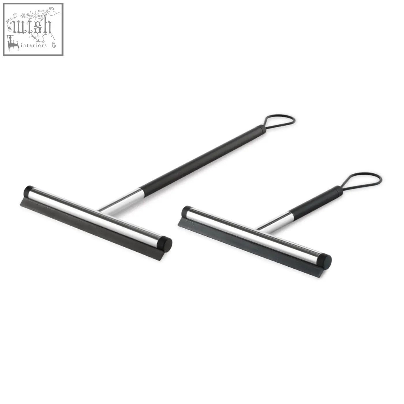 Black and silver jaz bathroom squeegees with stainless steel short handles and ergonomic rubber blades for bathroom use