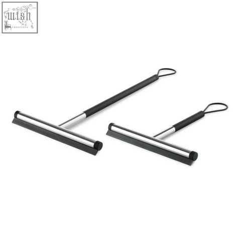 Black and silver jaz bathroom squeegees with stainless steel short handles and ergonomic rubber blades for bathroom use