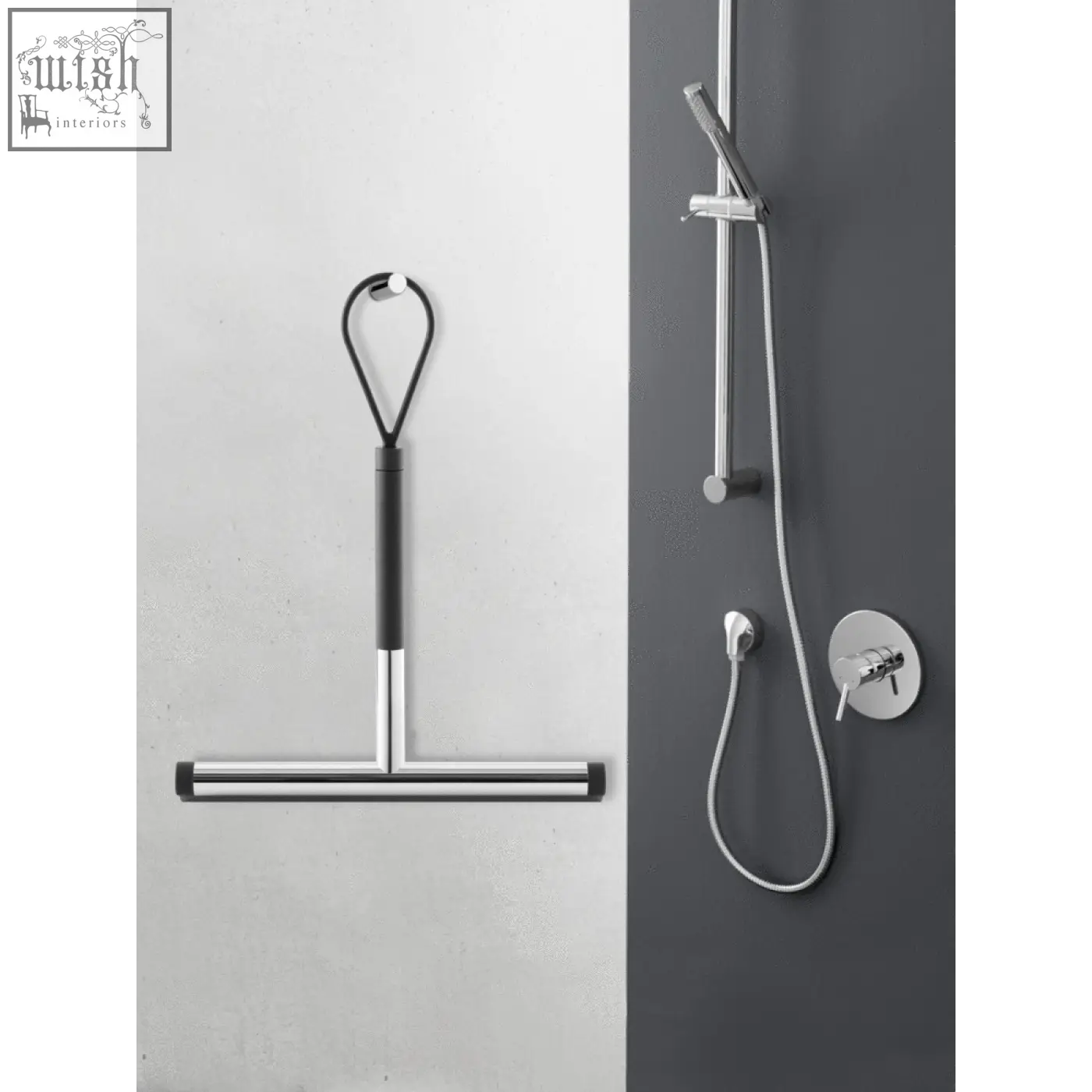 Modern black and chrome stainless steel jaz bathroom squeegee with a sleek minimalist design and short handle