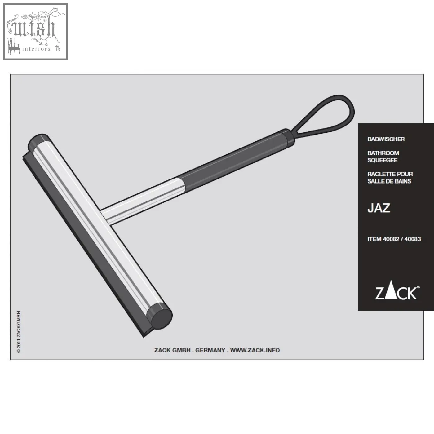 Black and silver jaz bathroom squeegee with t-shaped stainless steel short handle by zack gmbh for bathroom use