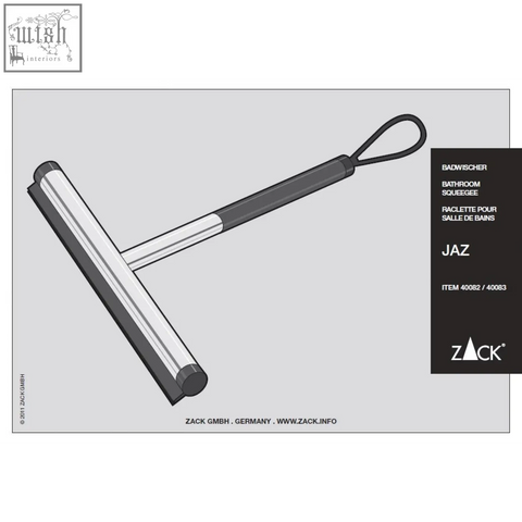 Black and silver jaz bathroom squeegee with t-shaped stainless steel short handle by zack gmbh for bathroom use