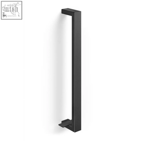 Black matte stainless steel guest towel holder with minimalist rectangular door handle from Zack Linea