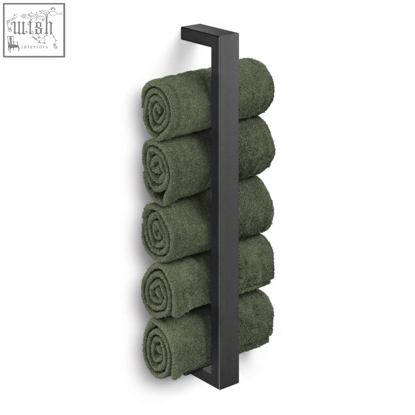Zack Linea black stainless steel towel holder with five rolled olive green guest towels for bathroom use