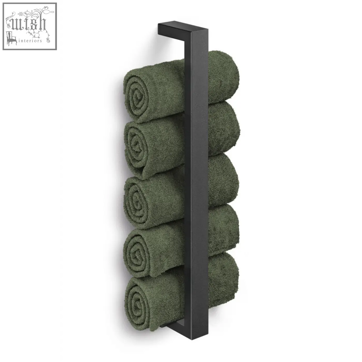 Zack Linea black stainless steel towel holder with five rolled olive green guest towels for bathroom use