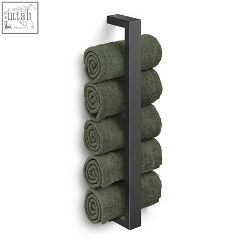 Zack Linea black stainless steel towel holder with five rolled olive green guest towels for bathroom use