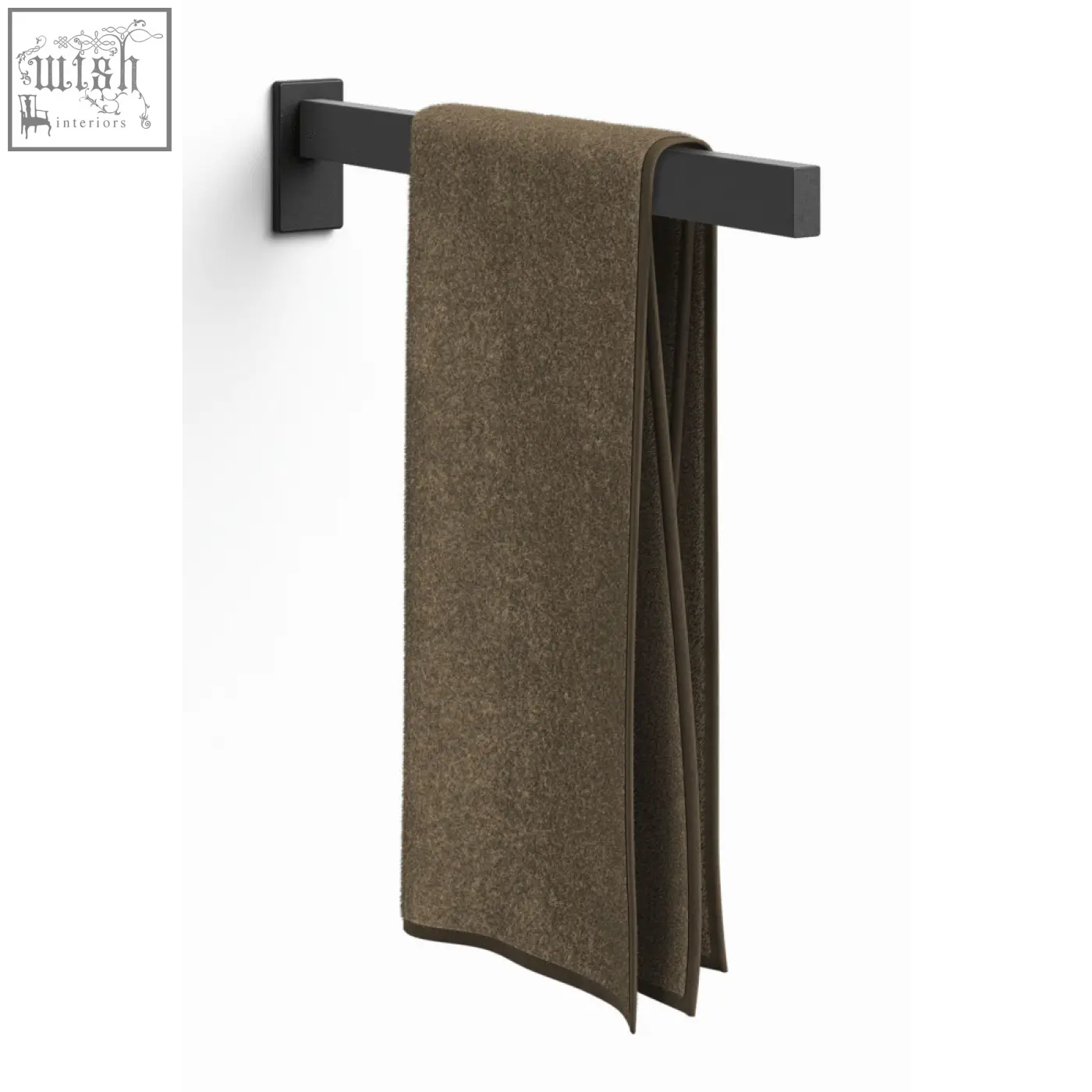 A plush olive green towel hangs on the sleek black stainless steel zack linea towel holder 42 cm
