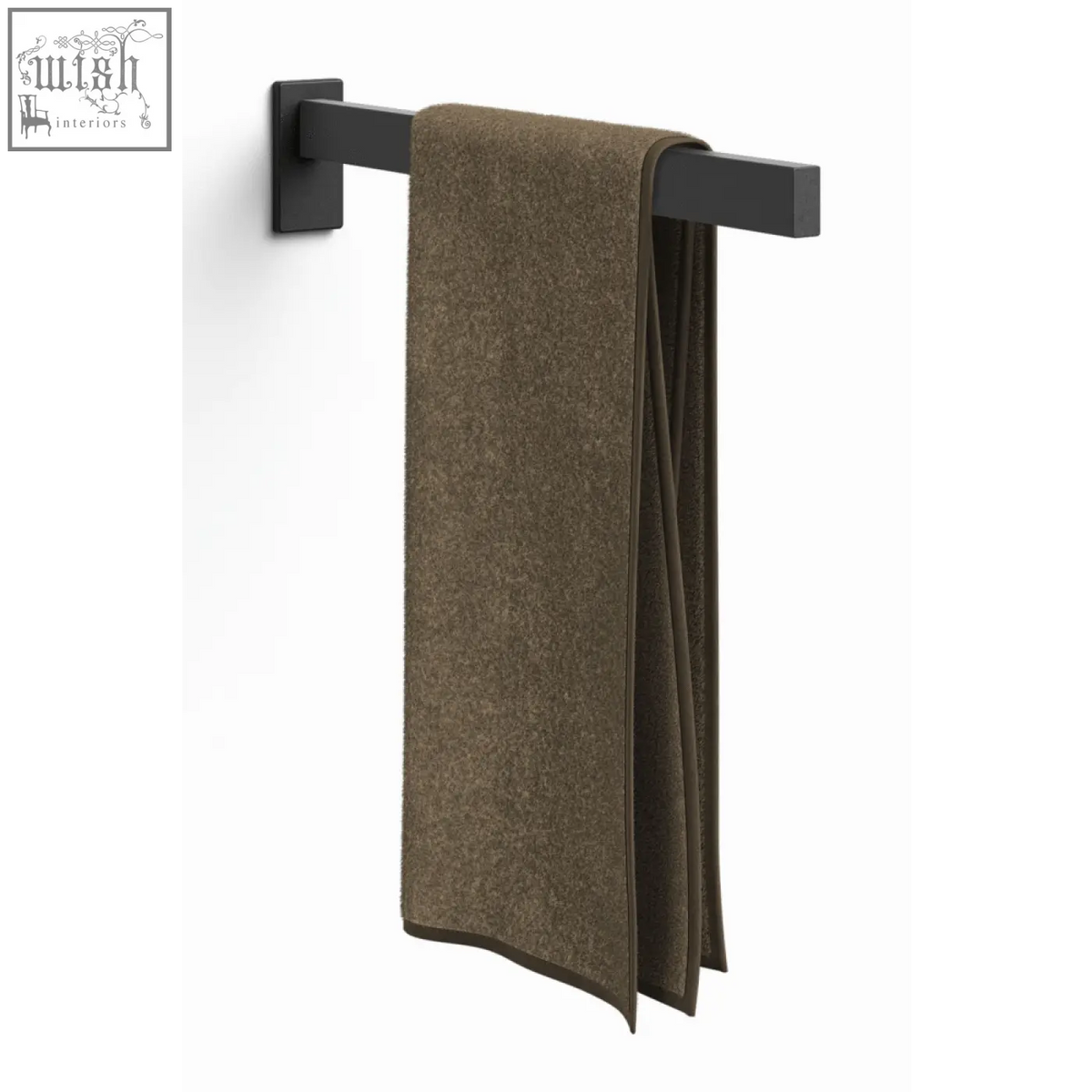 A plush olive green towel hangs on the sleek black stainless steel zack linea towel holder 42 cm