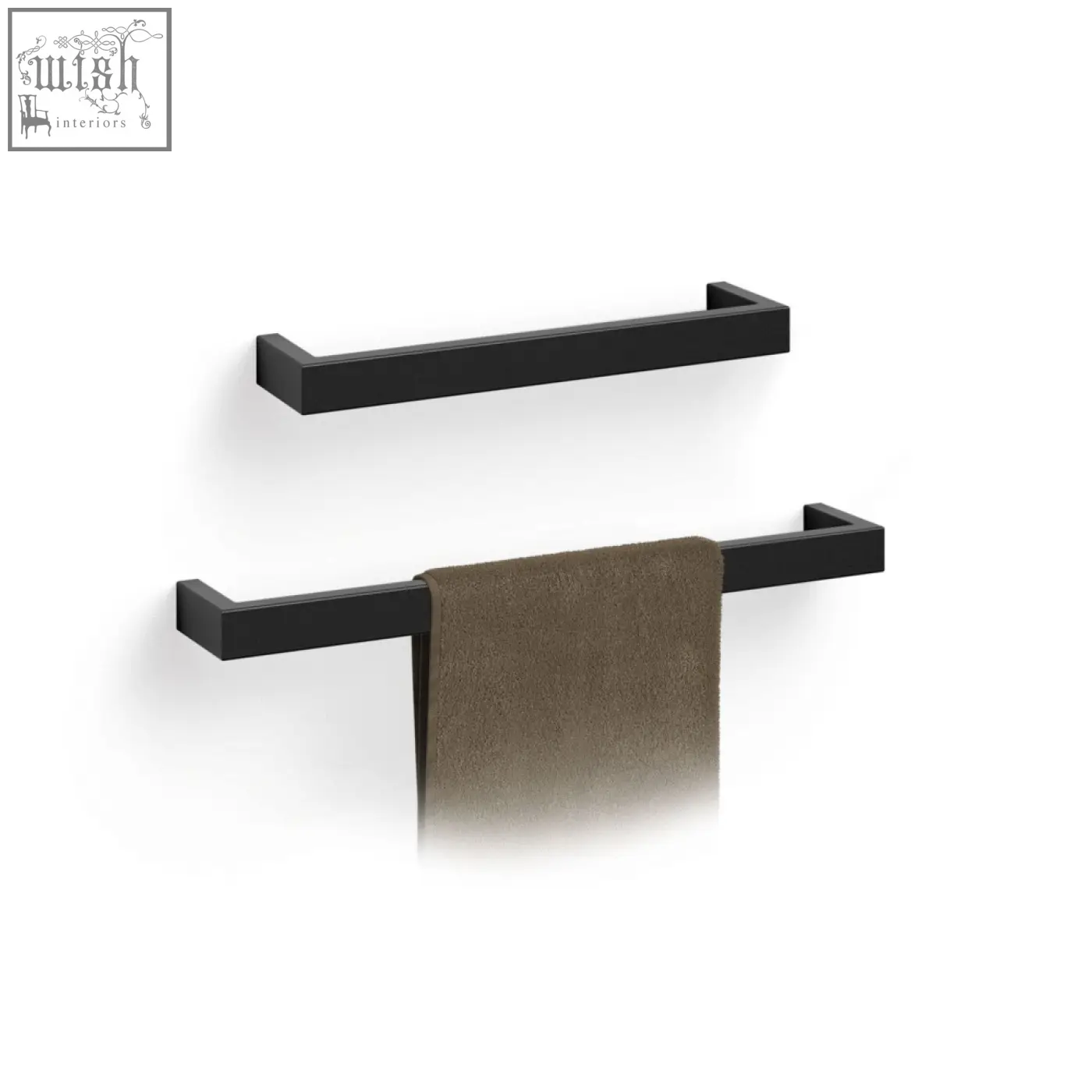Black matte finished Zack Linea stainless steel towel rail 46.5 cm with minimalist design and brown textured towel