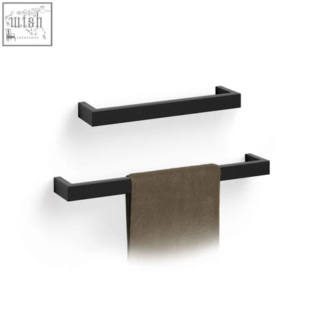 Black matte finished Zack Linea stainless steel towel rail 46.5 cm with minimalist design and brown textured towel
