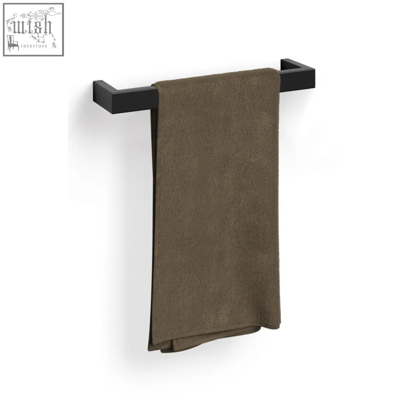 A dark olive green towel hangs on a sleek black stainless steel linea towel rail by Zack measuring 46.5 cm