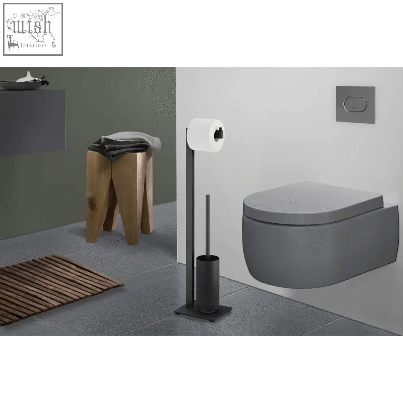 Modern matte gray wall-mounted linea toilet butler made of black stainless steel for sleek bathroom storage