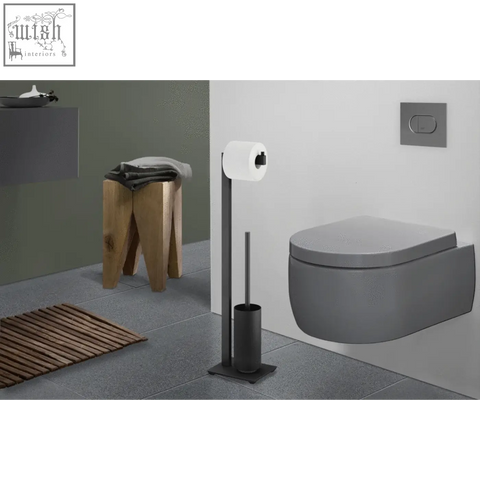 Modern matte gray wall-mounted linea toilet butler made of black stainless steel for sleek bathroom storage