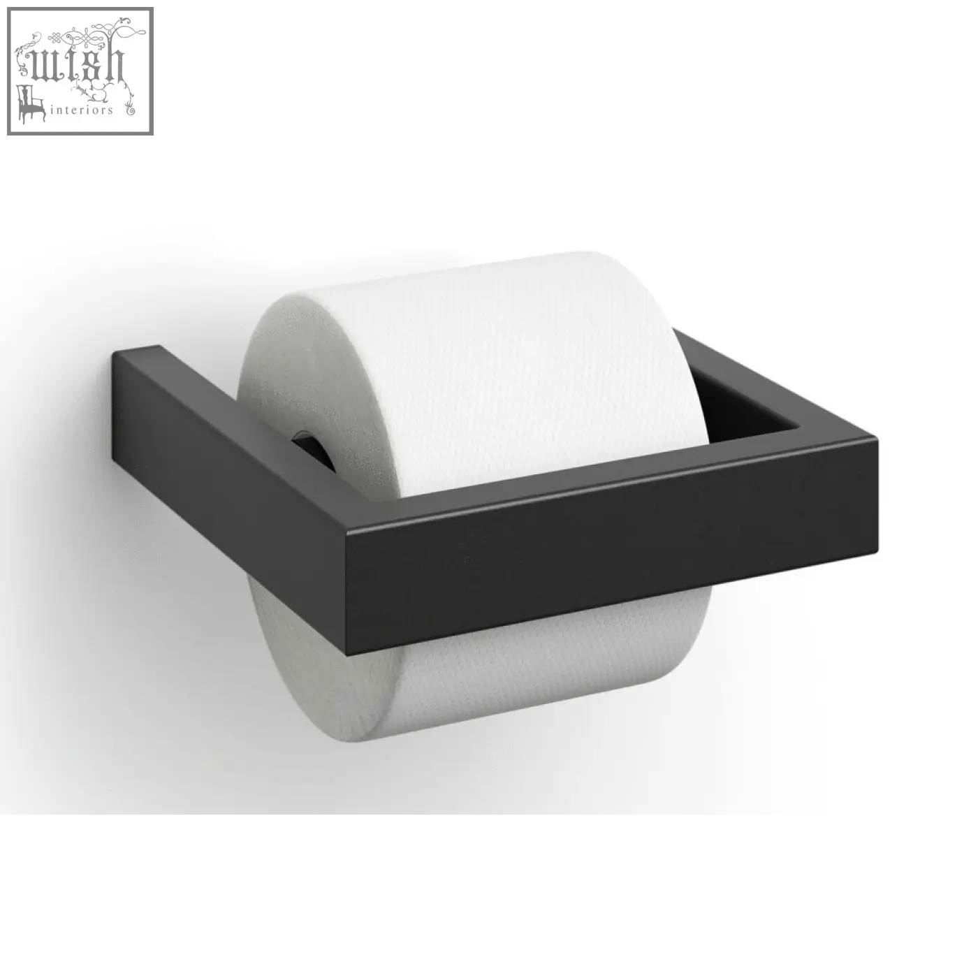 Black matte stainless steel toilet roll holder by Zack Linea with a white toilet roll mounted on it