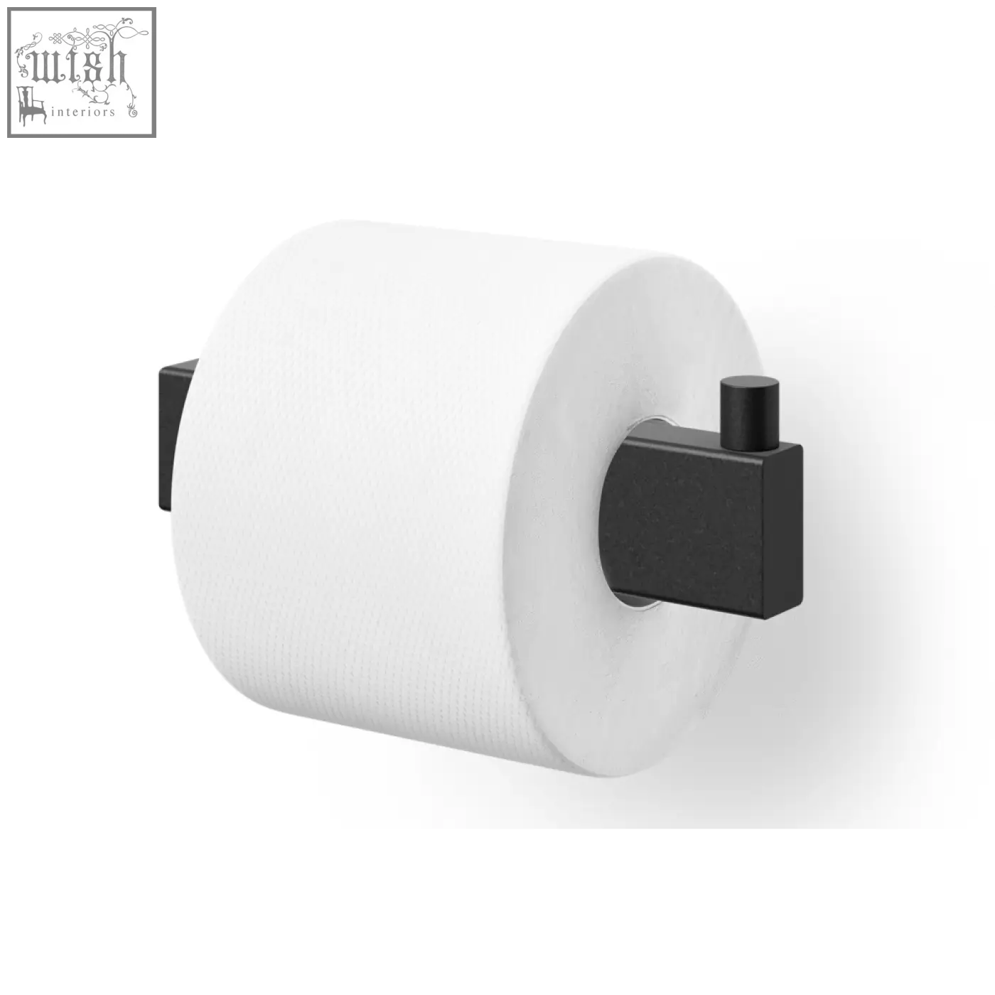 Black stainless steel toilet roll holder with matte finish holding a white toilet roll by Zack Linea