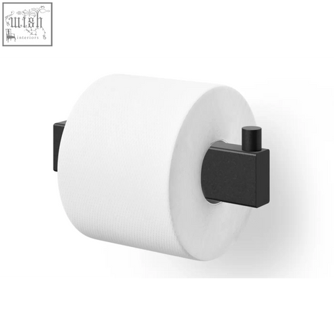 Black stainless steel toilet roll holder with matte finish holding a white toilet roll by Zack Linea