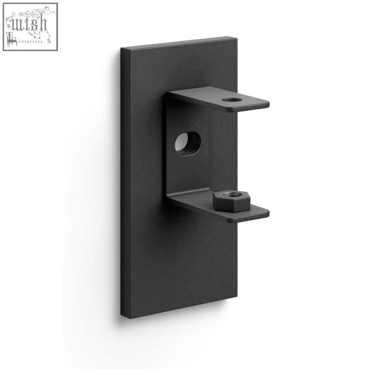Black matte stainless steel wall bracket set with rectangular plate and two horizontal brackets for adhesive mounting