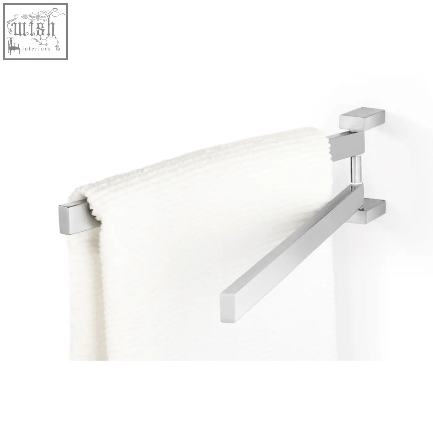 Modern chrome finished linea towel holder in stainless steel with a sleek angular design holding a plush white towel
