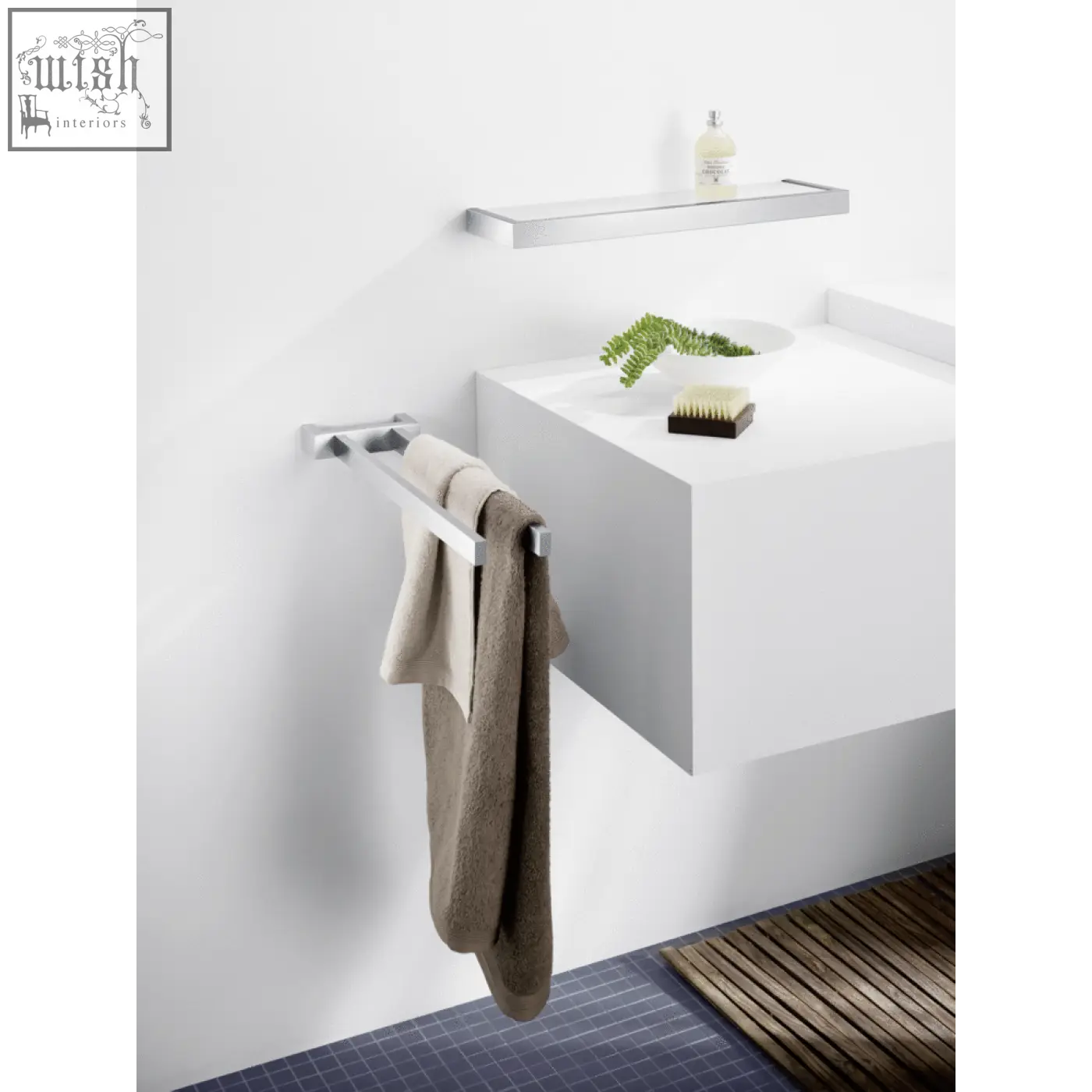 Silver metallic linea bathroom shelf towel rack in brushed stainless steel holding two beige towels