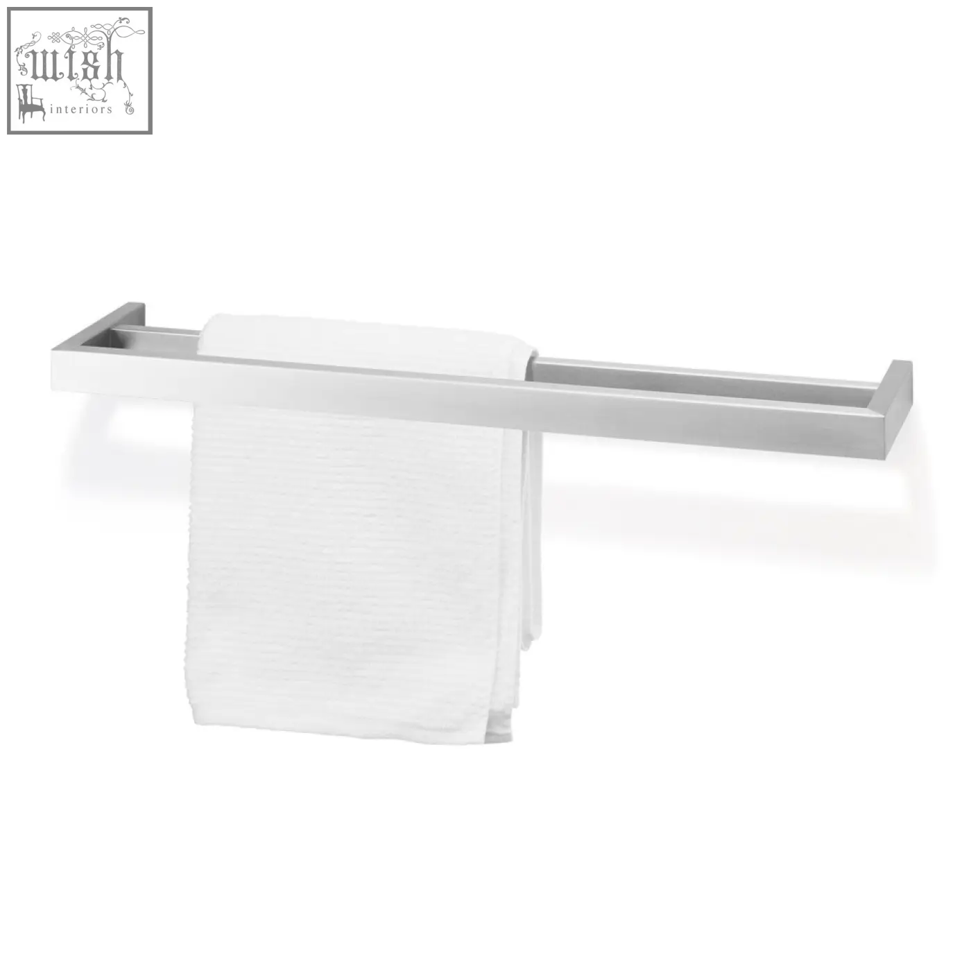 Silver stainless steel zack linea 61.5 cm double towel rail holding a white textured towel with sleek modern design