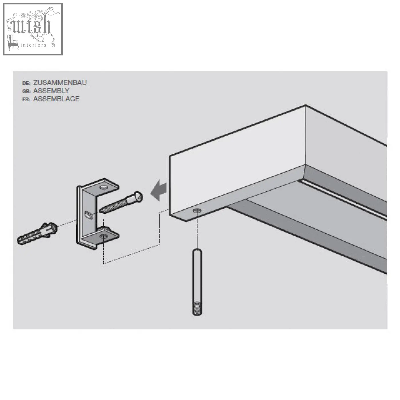 Metallic l-shaped mounting bracket with screw and expansion bolt for wall attachment on zack linea stainless steel double towel rail