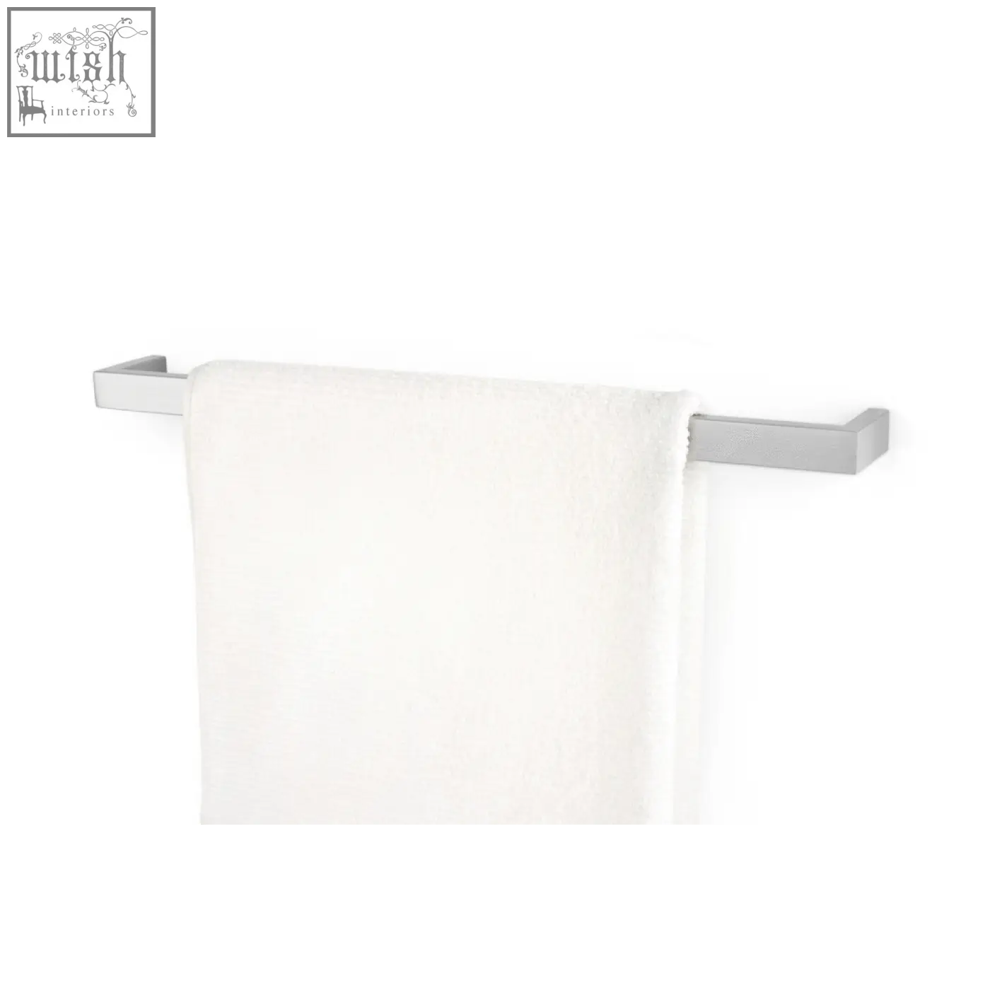 A sleek silver stainless steel linea towel rail 61.5 cm holding a soft white terry cloth towel