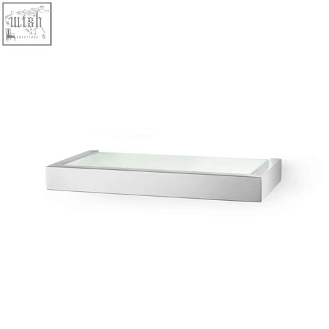 Modern rectangular linea bathroom shelf with sleek silver metallic frame and frosted glass top for bathroom use