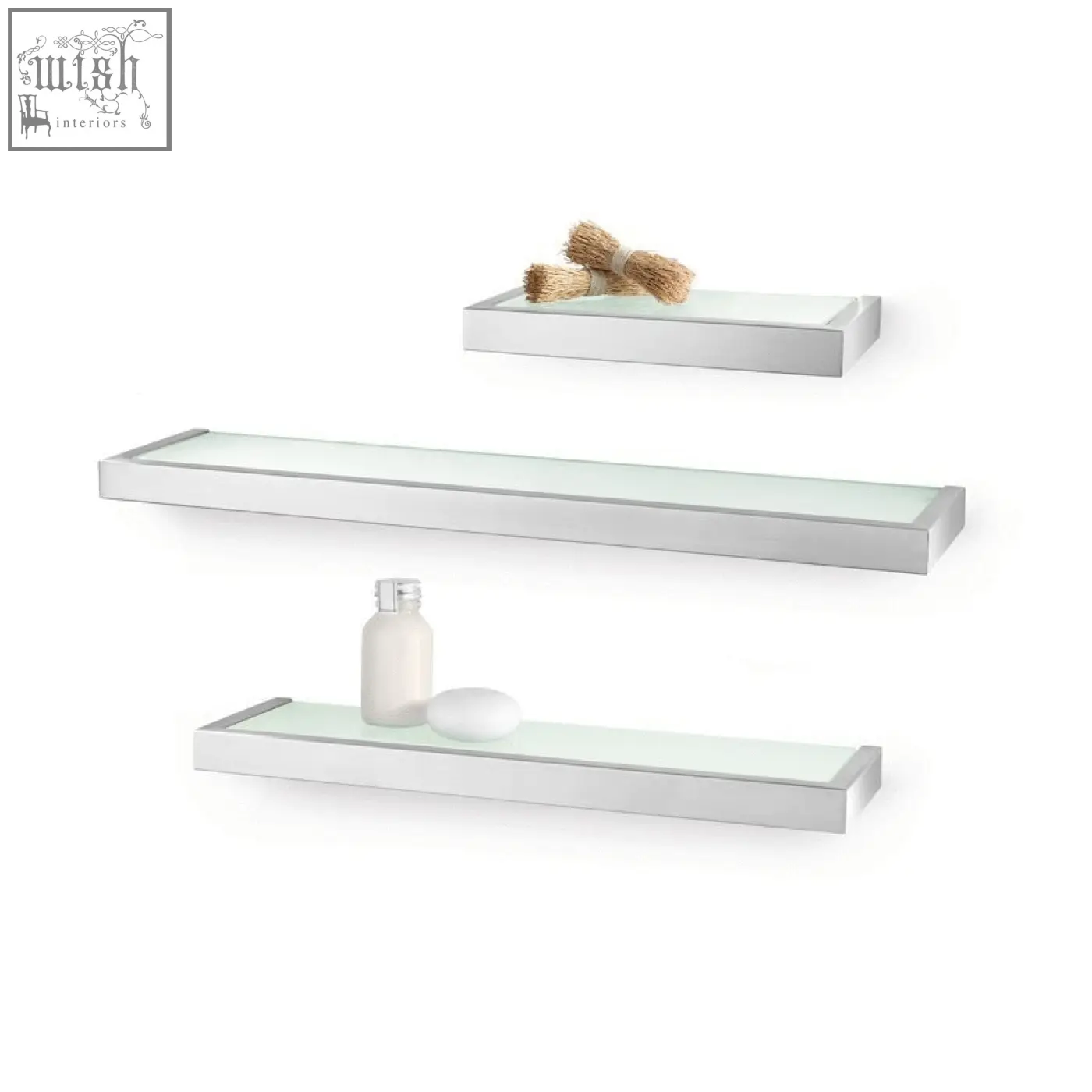 Set of three linea bathroom shelves with frosted glass and brushed stainless steel frames for modern bathroom use