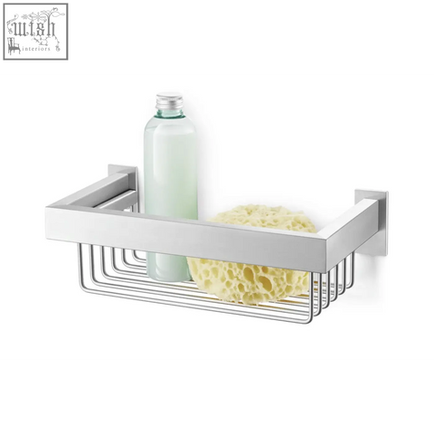 Modern chrome finished linea shower basket with sleek rectangular frame and wire mesh base in stainless steel