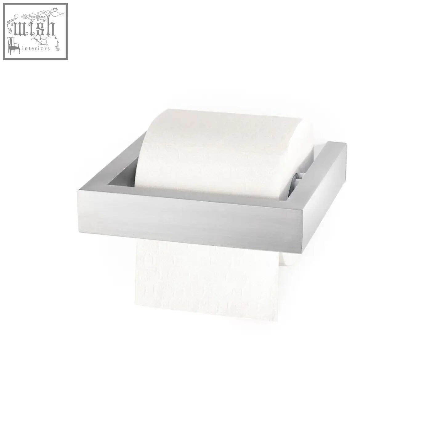 Zack Linea brushed stainless steel toilet roll holder with sleek rectangular design holding a white toilet roll