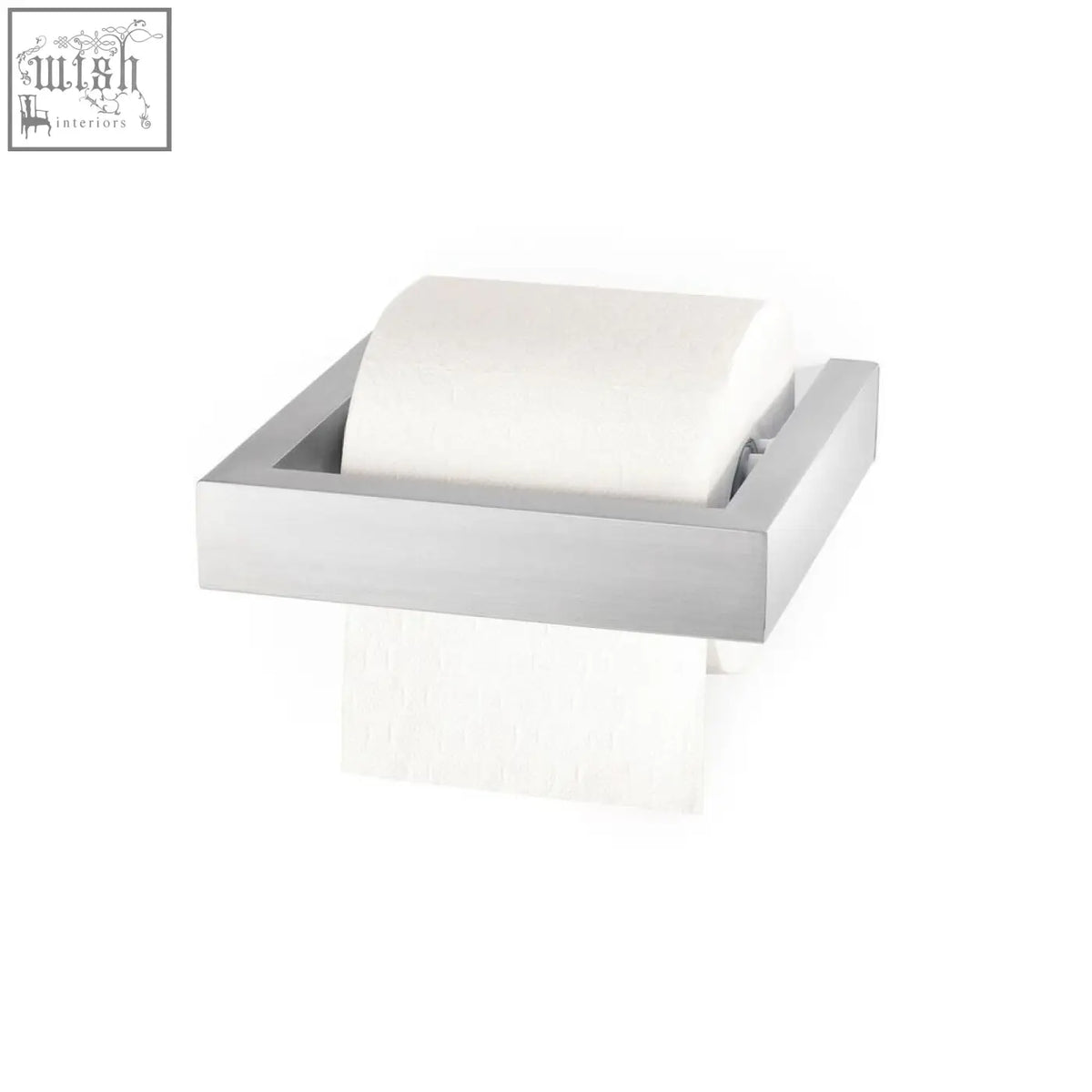 Zack Linea brushed stainless steel toilet roll holder with sleek rectangular design holding a white toilet roll