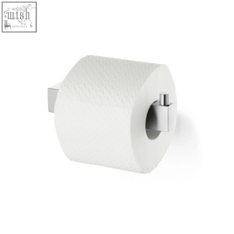 A sleek chrome zack linea toilet roll holder with minimalist square design holding a white toilet roll
