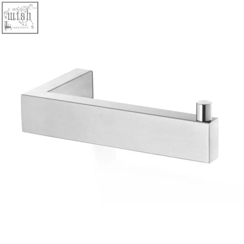 Modern chrome finished rectangular toilet roll holder with small knob from zack linea brushed stainless steel design