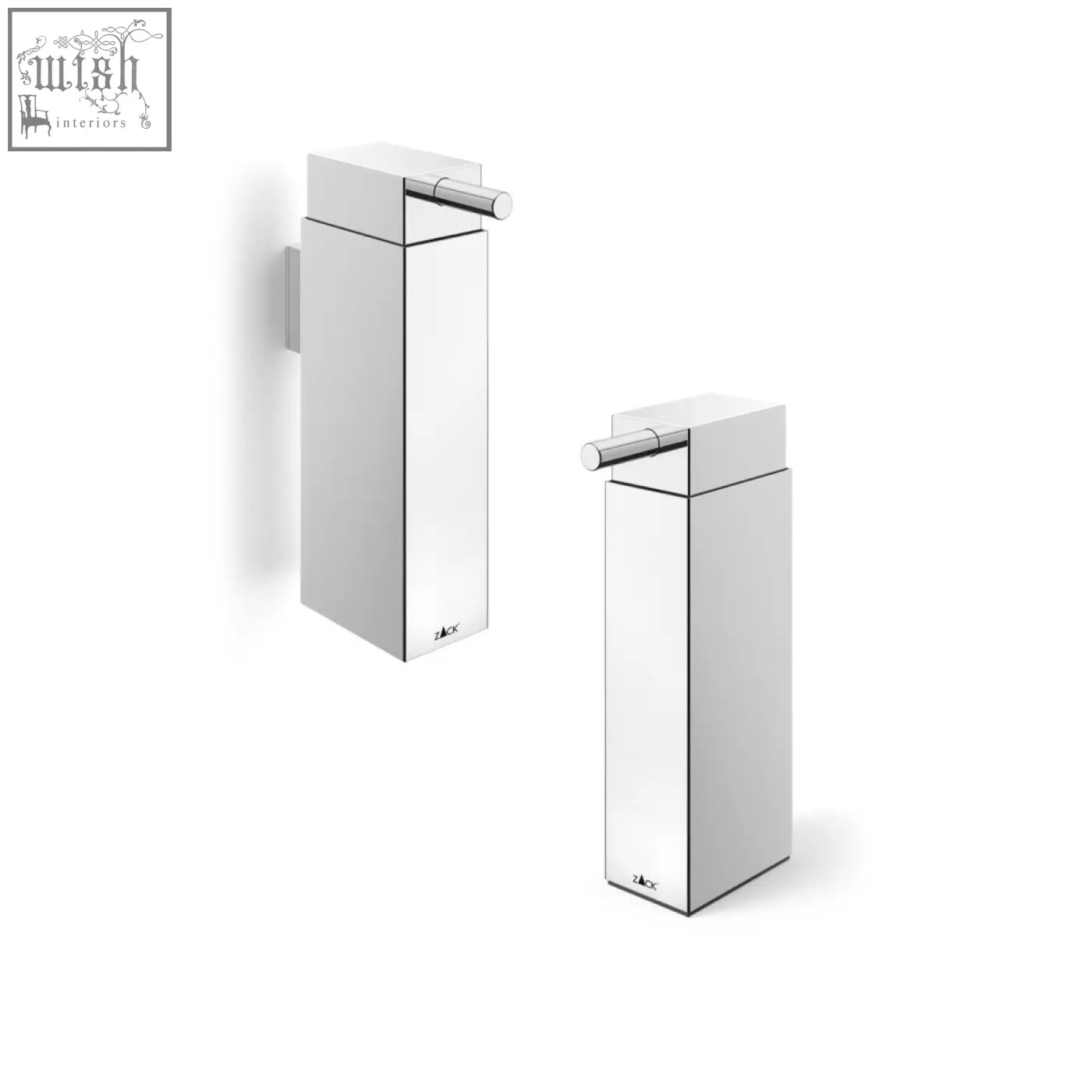 Modern chrome-finished zack linea wall and freestanding soap dispensers with sleek rectangular stainless steel finish