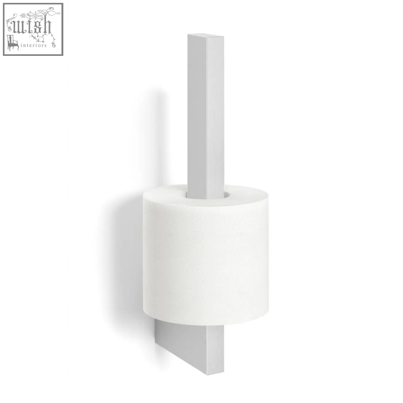 White minimalist stainless steel spare toilet roll holder with sleek modern design and matte finish by Zack Linea